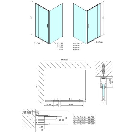 Polysan EASY LINE kabina prysznicowa 900-1000x800mmdrzwi obrotowe L/Pszkło brick EL1738EL3238