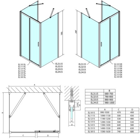 Polysan EASY LINE kabina prysznicowa trójścienna 1400x1000mm wariant L/P szkło czyste EL1415EL3415EL3415