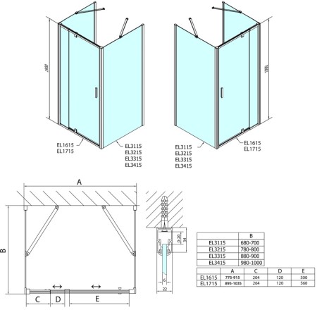 Polysan EASY LINE kabina prysznicowa trójścienna 900-1000x1000mm obrotowe drzwi L/P szkło czyste EL1715EL3415EL3415