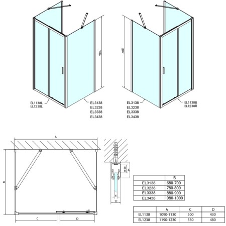 Polysan EASY LINE kabina prysznicowa trójścienna 1200x700mm wariant L/P szkło Brick EL1238EL3138EL3138