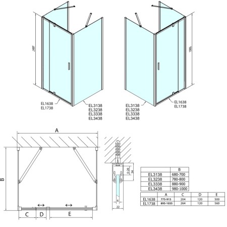 Polysan EASY LINE kabina prysznicowa trójścienna 800-900x800mm drzwi obrotoweL/P szkło Brick EL1638EL3238EL3238