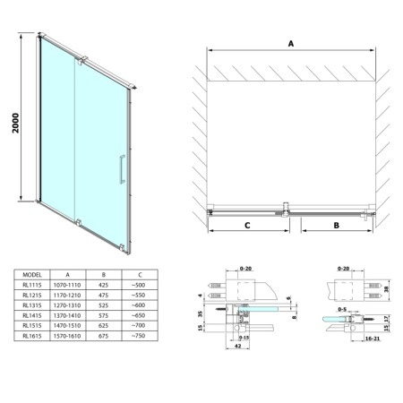 Polysan ROLLS LINE drzwi prysznicowe 1200mm wysokość 2000mm szkło czyste RL1215