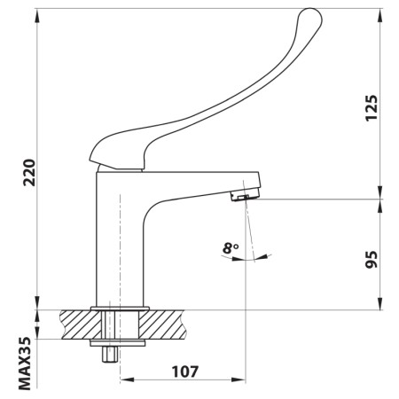 Bruckner SIEGER bateria umywalkowa bez odpływu wysokość 150mm dźwignia medyczna chrom 914.004.1