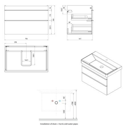 Sapho SITIA szafka umywalkowa 75.6x50x442cm 2 szuflady biały mat SI080-3131