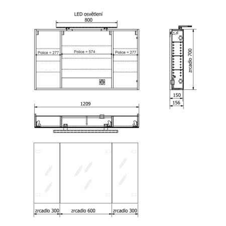 Sapho MIRRÓ szafka z lustrem oświetlenie LED 3 drzwiczki 120x70x16cm dąb Alabama MC121-0022