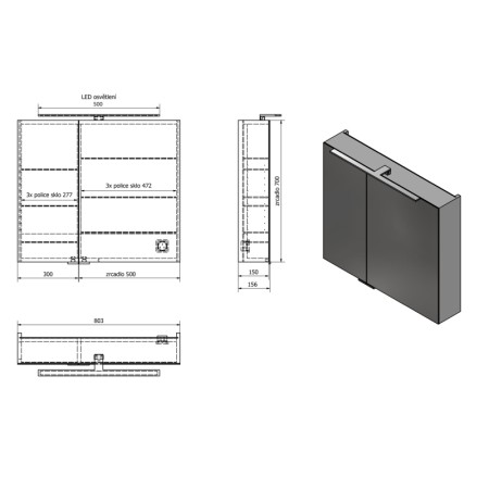 Sapho MIRRÓ szafka z lustrem oświetlenie LED 3 drzwiczki 120x70x16cm dąb Alabama MC080-0022