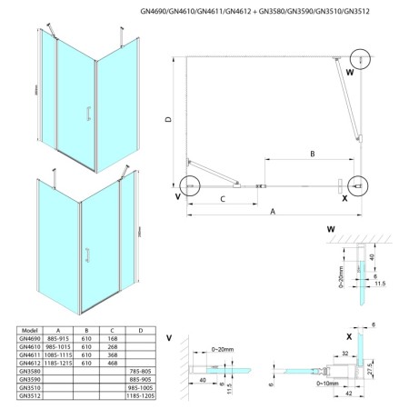 Gelco LORO drzwi prysznicowe z częścią stałą 1200 mm szkło czyste GN4612