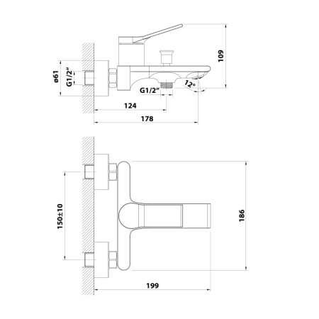 Aqualine BOLERO bateria wannowa ścienna rozstaw 150mm chrom BC010