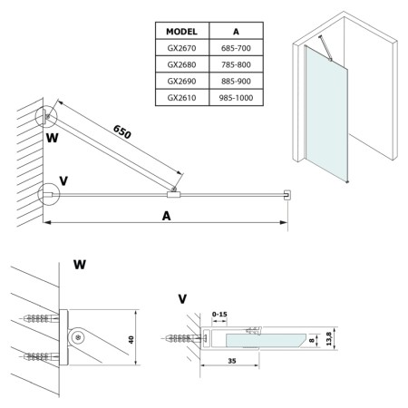 Gelco VARIO BLACK jednoczęściowa kabina przysznicowa Walk-In montaż przy ścianie blat HPL Kara 700 mm GX2670GX1014