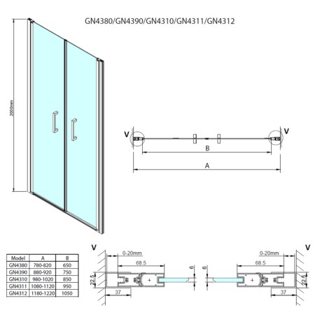 Gelco LORO drzwi prysznicowe dwuskrzydłowe 800mm szkło czyste GN4380