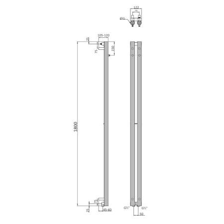 PILON grzejnik łazienkowy 122x1800mm, 2 wieszaki, biały mat IZ125T