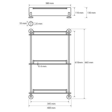 Sapho X-ROUND E półka szklana potrójna z relingiem 400x675x130mm chrom XR608