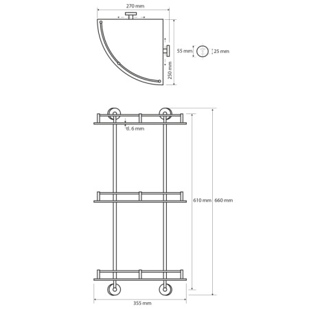 Sapho X-ROUND E półka szklana narożna z relingiem 270x670x270mm chrom XR606