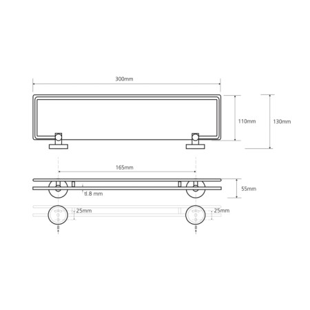 Sapho X-ROUND E półka szklana z relingiem 300x130mm chrom XR607