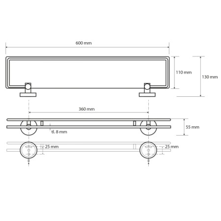 Sapho X-ROUND E półka szklana z podnoszonym relingiem 600x130mm chrom XR600