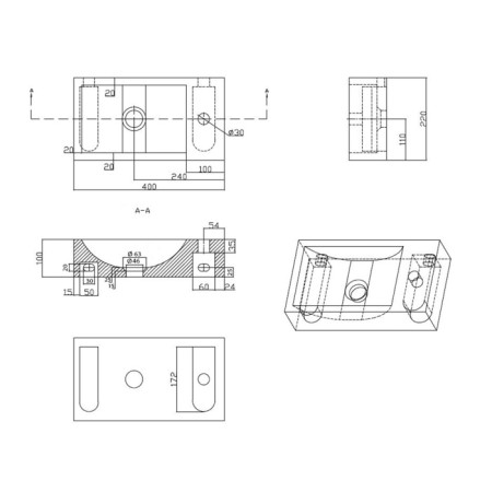 Sapho BLOK umywalka kamienna 40x10x22 cm otwór po prawej stronie antracyt 2401-28