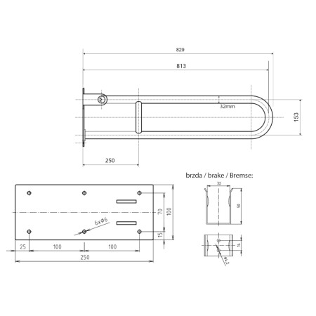 HANDICAP poręcz składana 813mm, stal nierdzewna polerowana